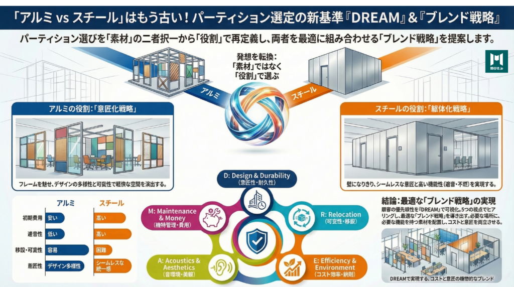 間仕切.jpでは、空間設計の専門家の皆様に向けて、意匠性、機能性、予算のバランスを取るためのDREAM（Design/Durability, Relocation, Environment, Aesthetics, Money）の5つの戦略的キーワードを軸に、お客様の課題に対する優先事項を明確化にします。この明確化された課題に対し、アルミとスチールを最適に組み合わせるハイブリッドな施工設置を提唱し、機能性とコストの最適解を導きます。