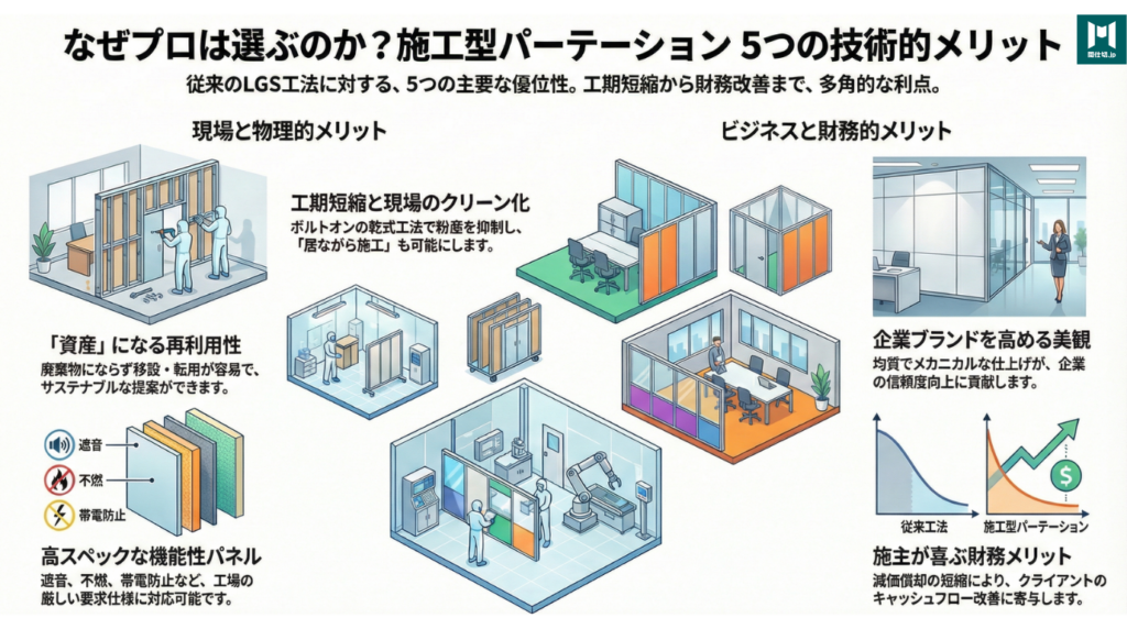 【内装業者向け】工場・倉庫の空間構築に「施工型パーテーション」を推奨する5つの論理的メリットと市場需要