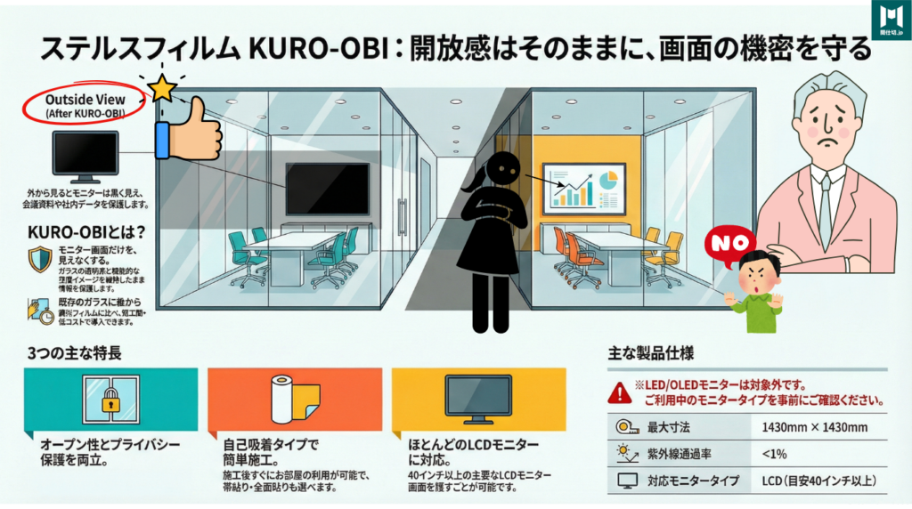 現代のオフィスでは、「人は見えてもいいが、モニターの内容だけを隠したい」という、より局地的かつピンポイントな秘匿性が求められています。この「オープン性とプライバシー保護の両立」という難題に対する回答が、KURO-OBI(クロオビ)なのです。