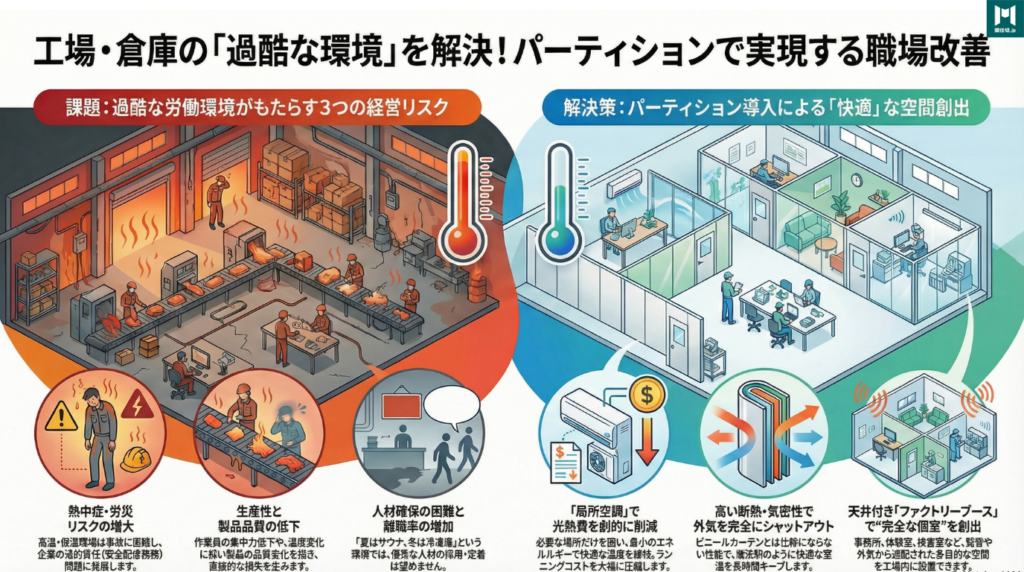 間仕切.jpは、施工型パーティションとファクトリーブースの導入を通じて、貴社の工場・倉庫を「誰もが働きたくなる快適なワークプレイス」へと変貌させます。