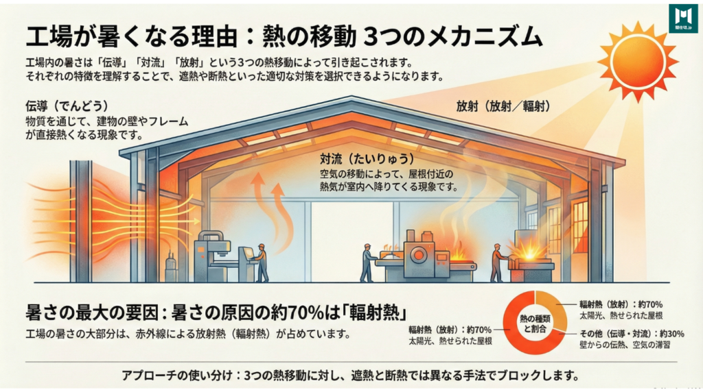 熱の正体を知る：「伝導」・「対流」・「放射」とは。工場内が暑くなる原因である「熱の移動」には3つのパターンがある。