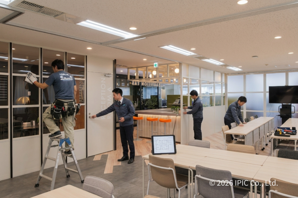 工場で部材を生産し現場で組み立てる「パーティション」は、短工期化が可能です。テナントの入れ替えや空間の最適です。